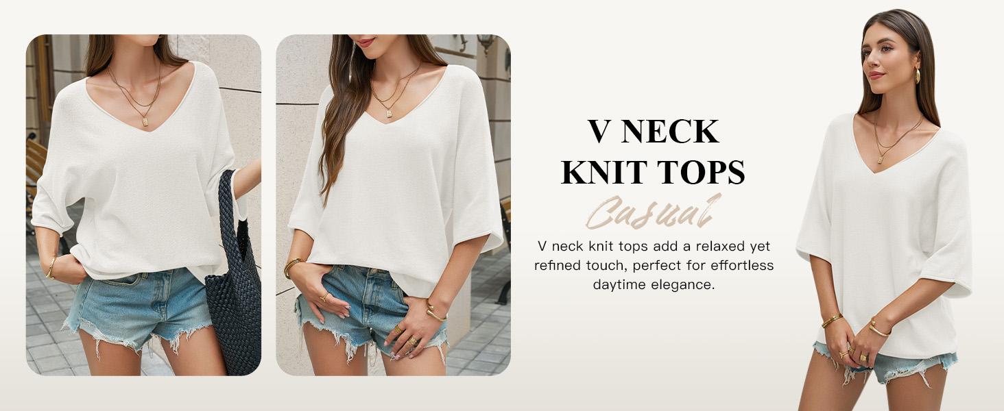 Saodimallsu Womens Oversized Summer Sweater Half Sleeve Batwing V Neck Dolman Sleeve Trendy Casual Knit Tops