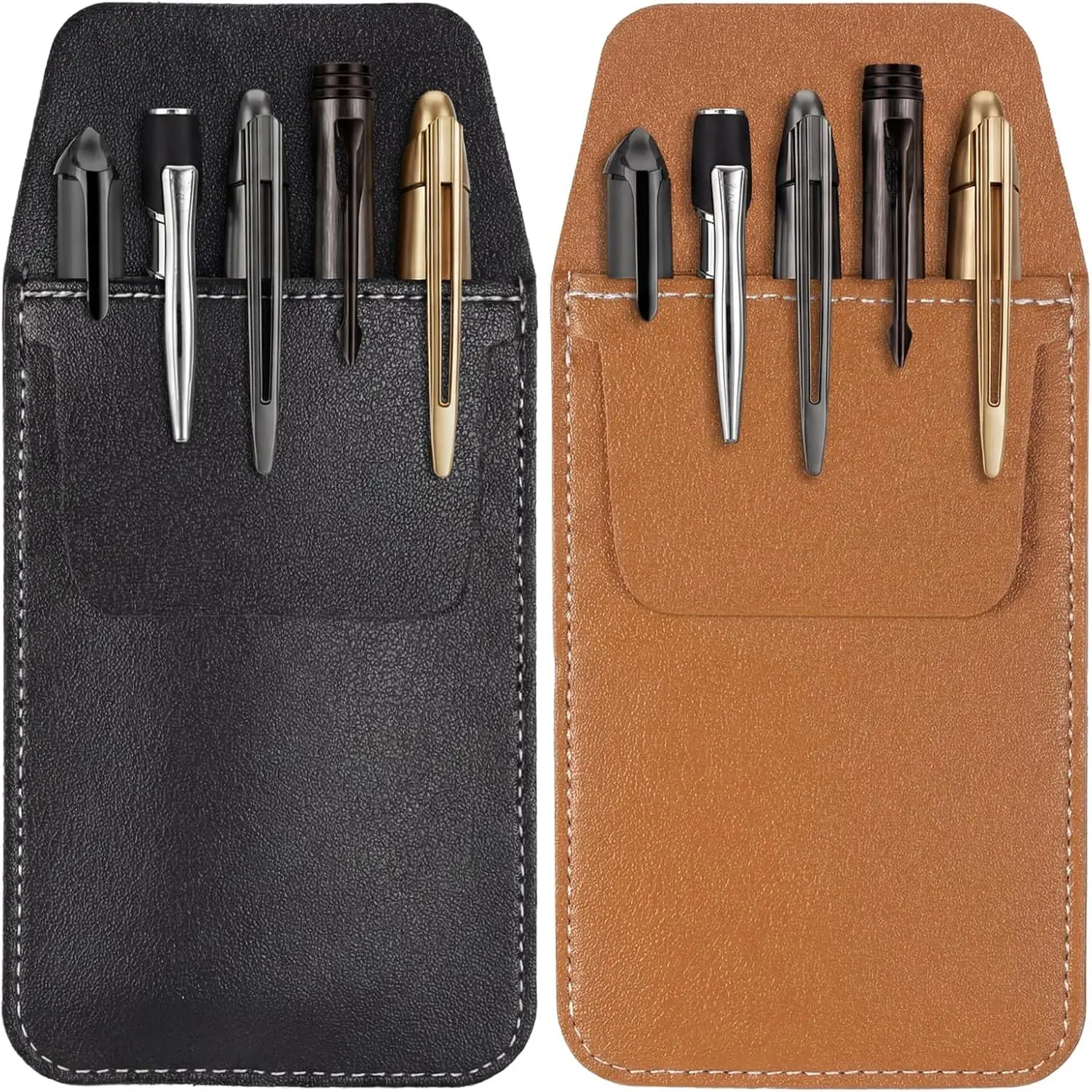 2 count PU Leather Pockets Pen Holder Organizer, Pocket Protector Pouch Pockets Protector for Men Shirt Pen Pocket Holder Handcrafted from Soft Faux Leather for School Office (Brown, Black)