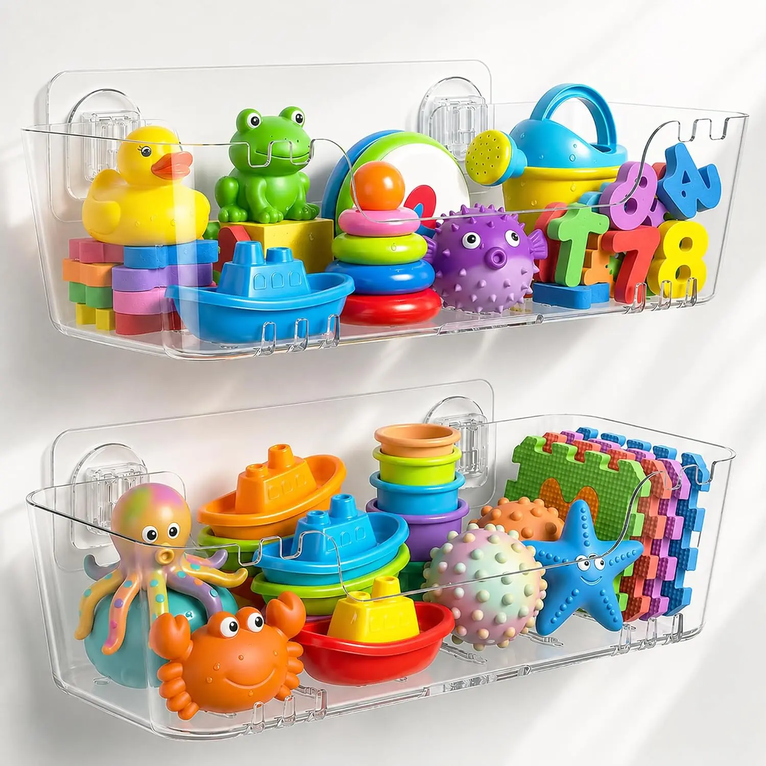 Bath Toy Storage Organizer, 2 Pack Bath Toy Holder with Drain Holes |   Quick Dry Toy Shower Caddy, Mold-Resistant Wall Mount No Drill, Large Plastic Bath Toy Organizer with Drain Holes, Easy-Clean