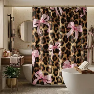 1/4pcs leopard print and pink bow pattern bathroom, Restroom Shower Curtain Sets and mat set, includes 12 hooks, non-slip bathroom mat, non-slip toilet U-shaped mat, toilet seat cover, home decor, Shower Essentials