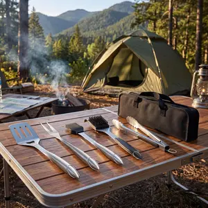 Professional Stainless Steel BBQ Grill Tool Set – 5-Piece Heavy Duty Outdoor Barbecue Utensils with Tongs, Spatula, Fork, Brush, Grater, and Storage Bag – Ideal for Camping, Backyard, Patio