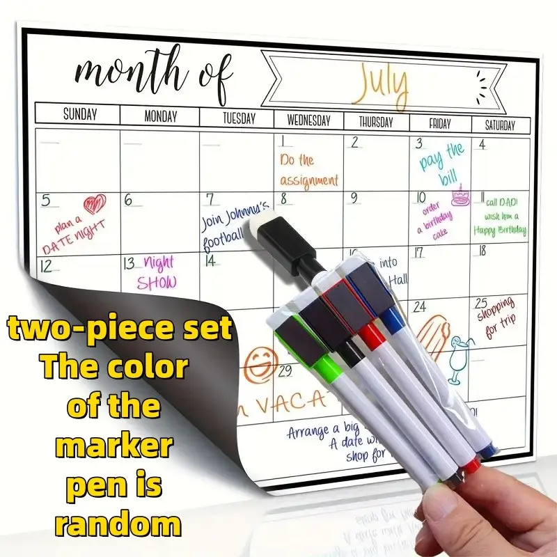 Refrigerator calendar two-piece set (1 magnetic refrigerator calendar+1 magnetic marker pen), suitable for refrigerators, whiteboards, reusable, easy to clean, with weekly and monthly designs, convenient for time planning, Fridge calendar magnetic