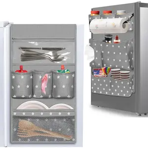 Dorm Room Essentials Mini Fridge Organizer, Hanging Over Fridge Storage Organizer, College Caddy with 14 Pocket for Office, Kitchen, Home, School (Grey)