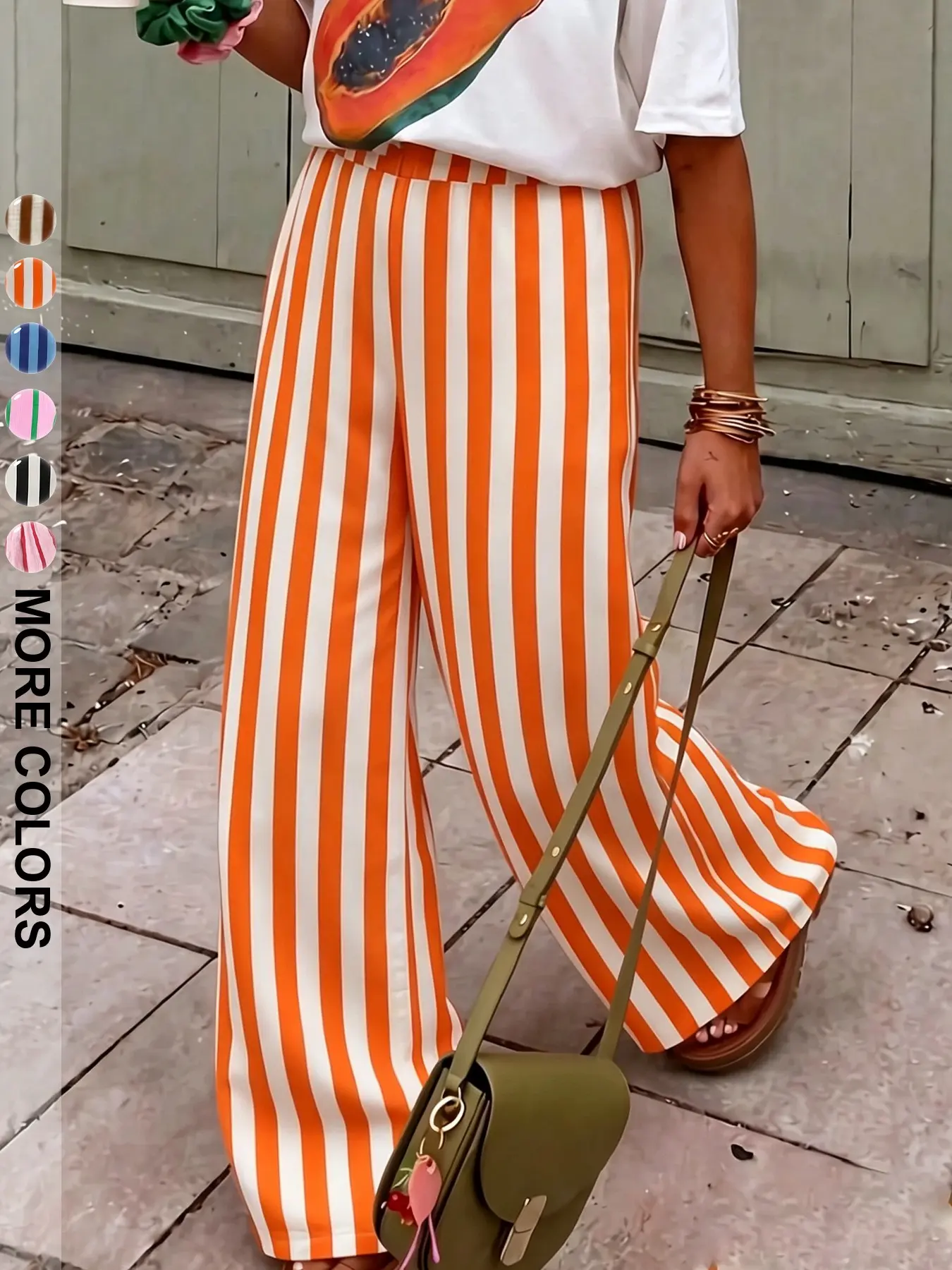 Women's Summer Long Pants, Breathable Linen Texture Striped Wide Leg, Multiple Colors Available, Elegant Loose-Fitting Baggy Style