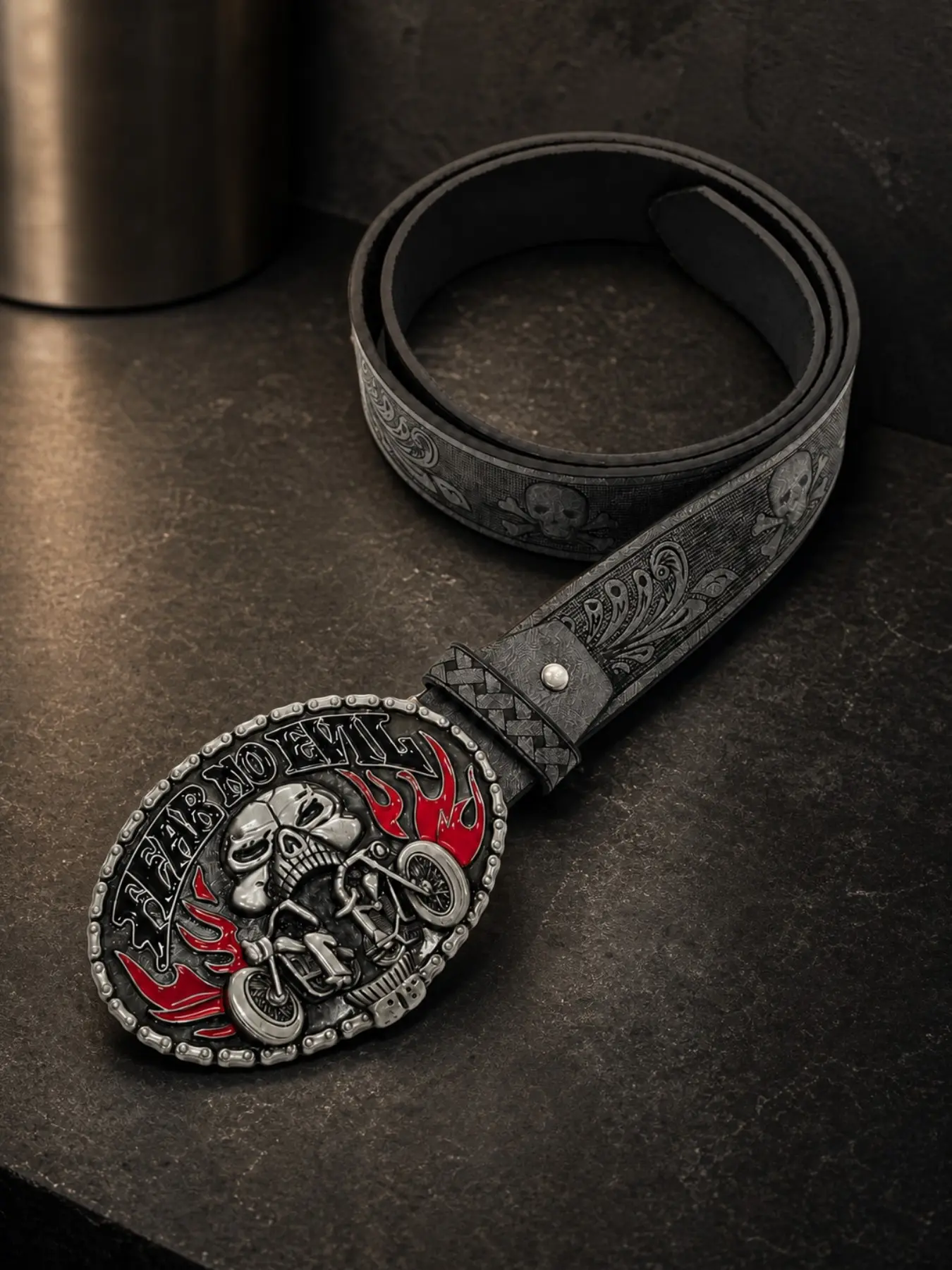 Skull Dual Motorcycle Flame Belt, Western Style Engraved Belt, Vintage Texture PU Leather, Punk Style Alloy Buckle, All Seasons Wear, Punk Fashion Belt