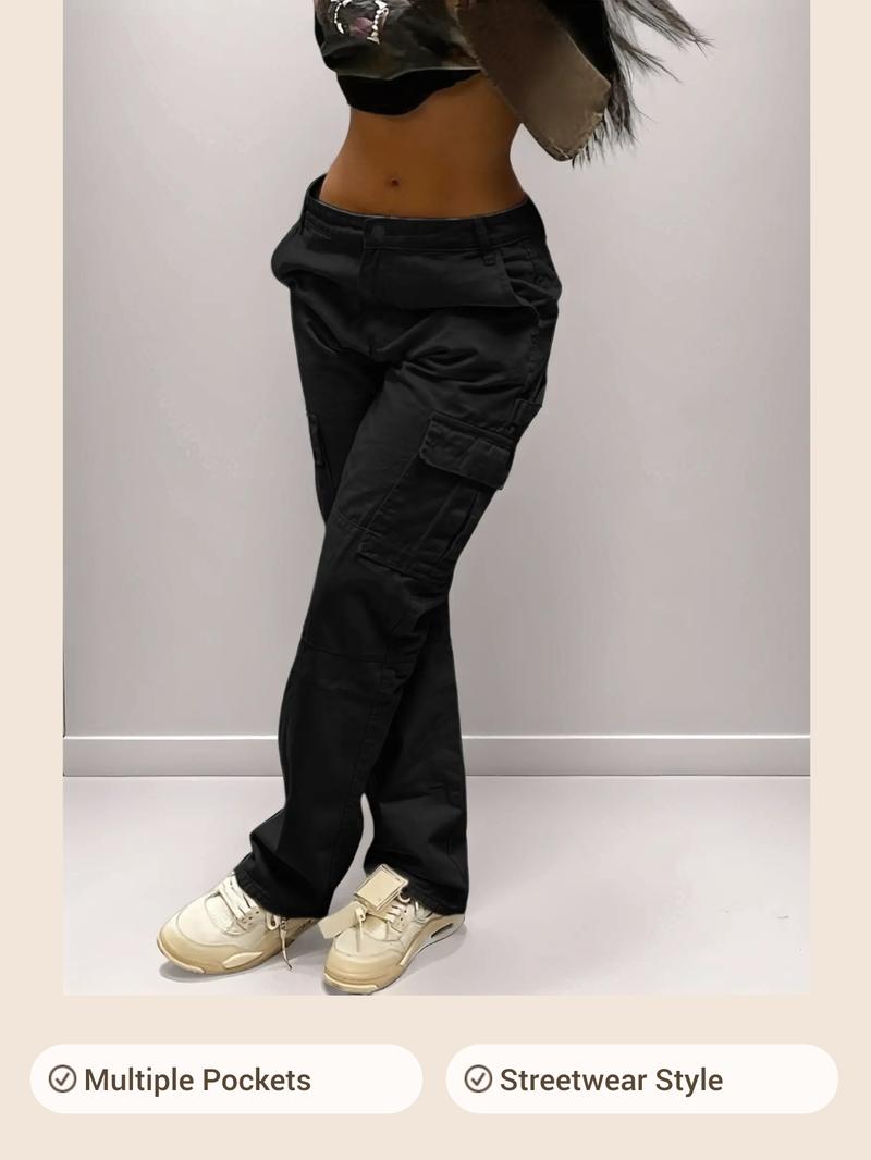 GILIPUR Y2K Women's Solid  Multiple Pockets Cargo Pants, Plain Comfort Basic Streetwear Casual Comfy Pocket Design Trousers For Daily Wear, Going Out Bottoms, Autumn And Winter Women's Baggy Clothing, Womenswear, Casual Fit Trousers, Lady Loose Clothe