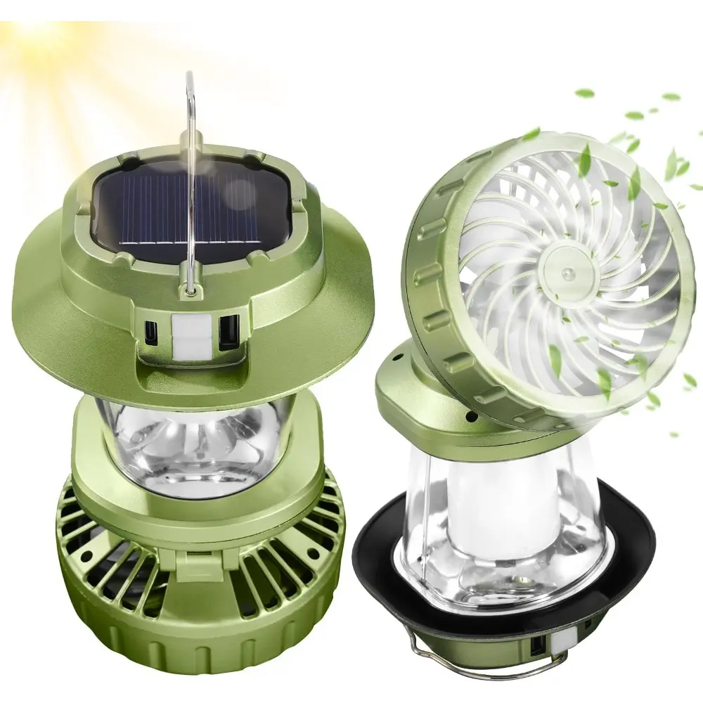 1-pack Rechargeable Camping Lantern with Built-in Fan, Solar Powered Led Hanging Light with Usb Output & 4 Light Modes, Multi-functional Emergency Survival Gear for Camping, Home Power Outages, Indoor and Outdoor Daily Use