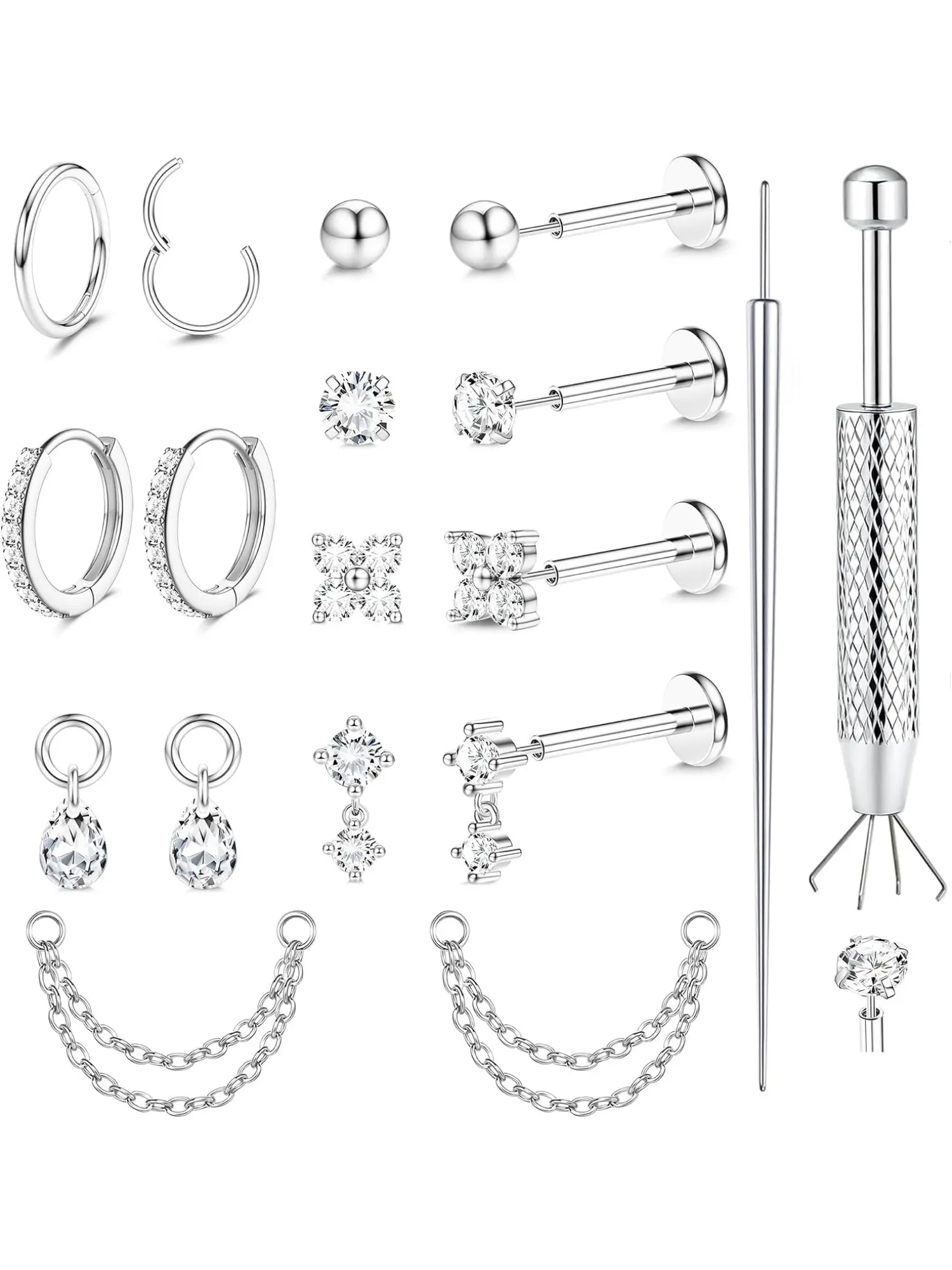 14K Gold Plated Threadless Push In Flat Back Piercing Set, Hypoallergenic Stainless Steel Gold & Silver Studs & Cartilage Hoops, Multi-use Jewelry for Tragus, Helix, Conch, Lip, Labret & Medusa, Daily & Festival Wear, Earring Sets for Multiple Piercing