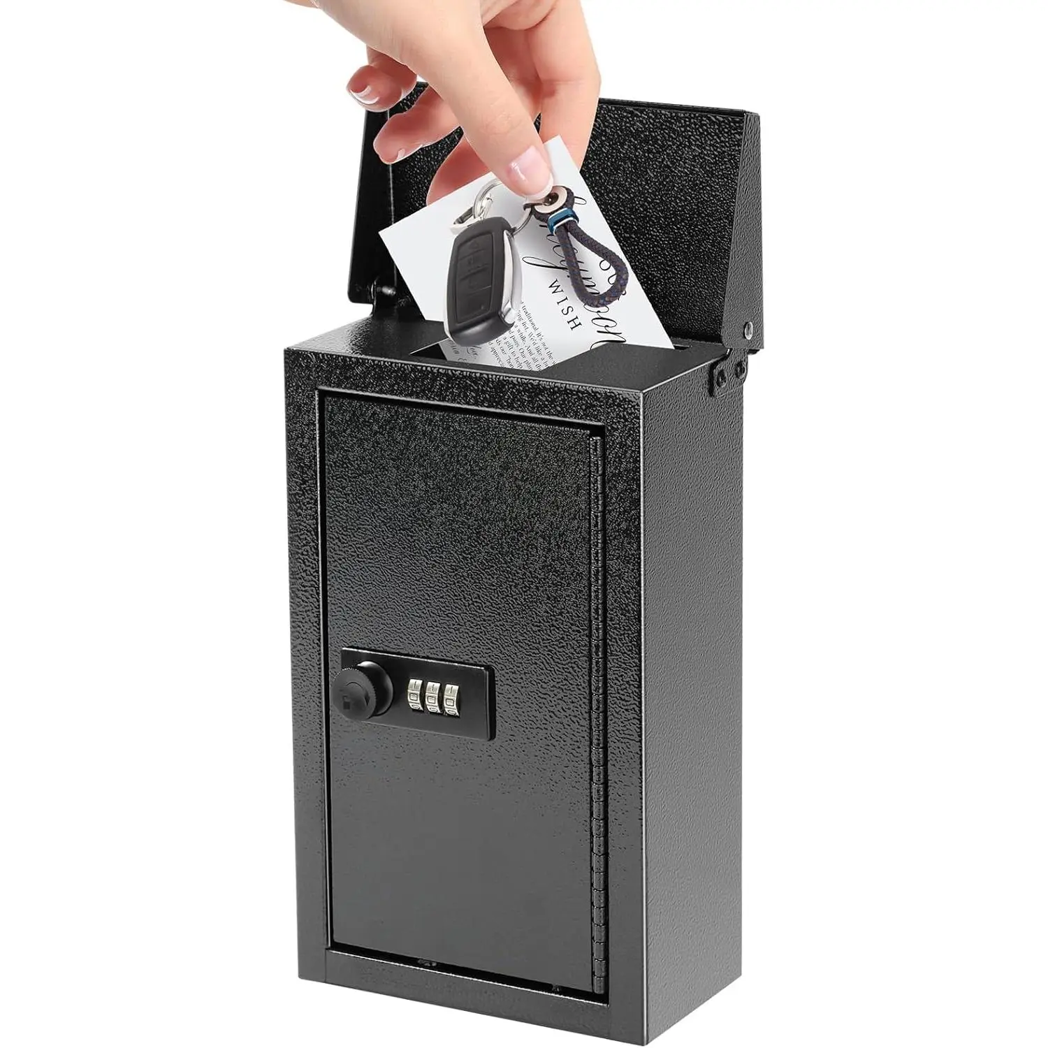 Wall-Mounted Key Drop Box with Combination Lock, Metal Mailbox, Indoor&Outdoor Storage Box, Hanging Secured Postbox, for Home & Business Use, 5.5X 3.0X 9.8 inch, Black