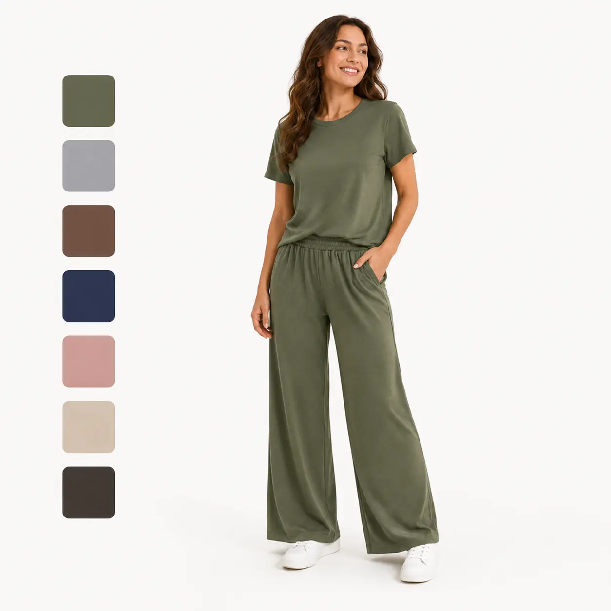 Women Casual 2‑Piece Loungewear Set, Round Neck Curved Hem Short Sleeve T‑Shirt + High Waist Pleated Wide Leg Pants with Side Pockets, Stretchy Knit Outfit, Multi‑Color