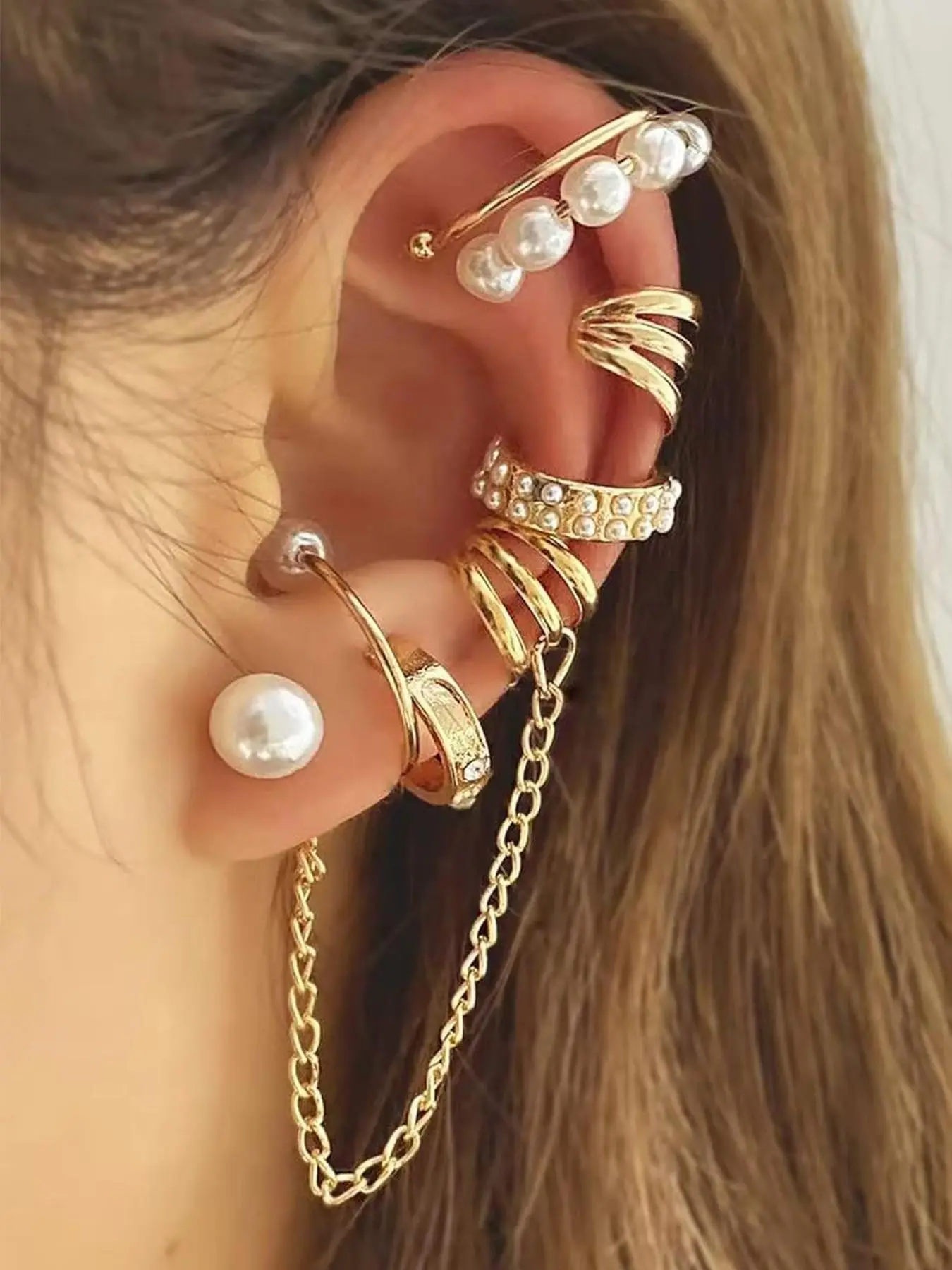 8pcs Ear Cuffs Earrings for Women, Non Piercing, 14k Gold Plated, Tassel Chain, Pearl, Adjustable, Punk Jewelry Gifts, Earring Stacking Set, Stackable Earrings