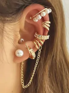 8pcs Ear Cuffs Earrings for Women, Non Piercing, 14k Gold Plated, Tassel Chain, Pearl, Adjustable, Punk Jewelry Gifts, Earring Stacking Set, Stackable Earrings