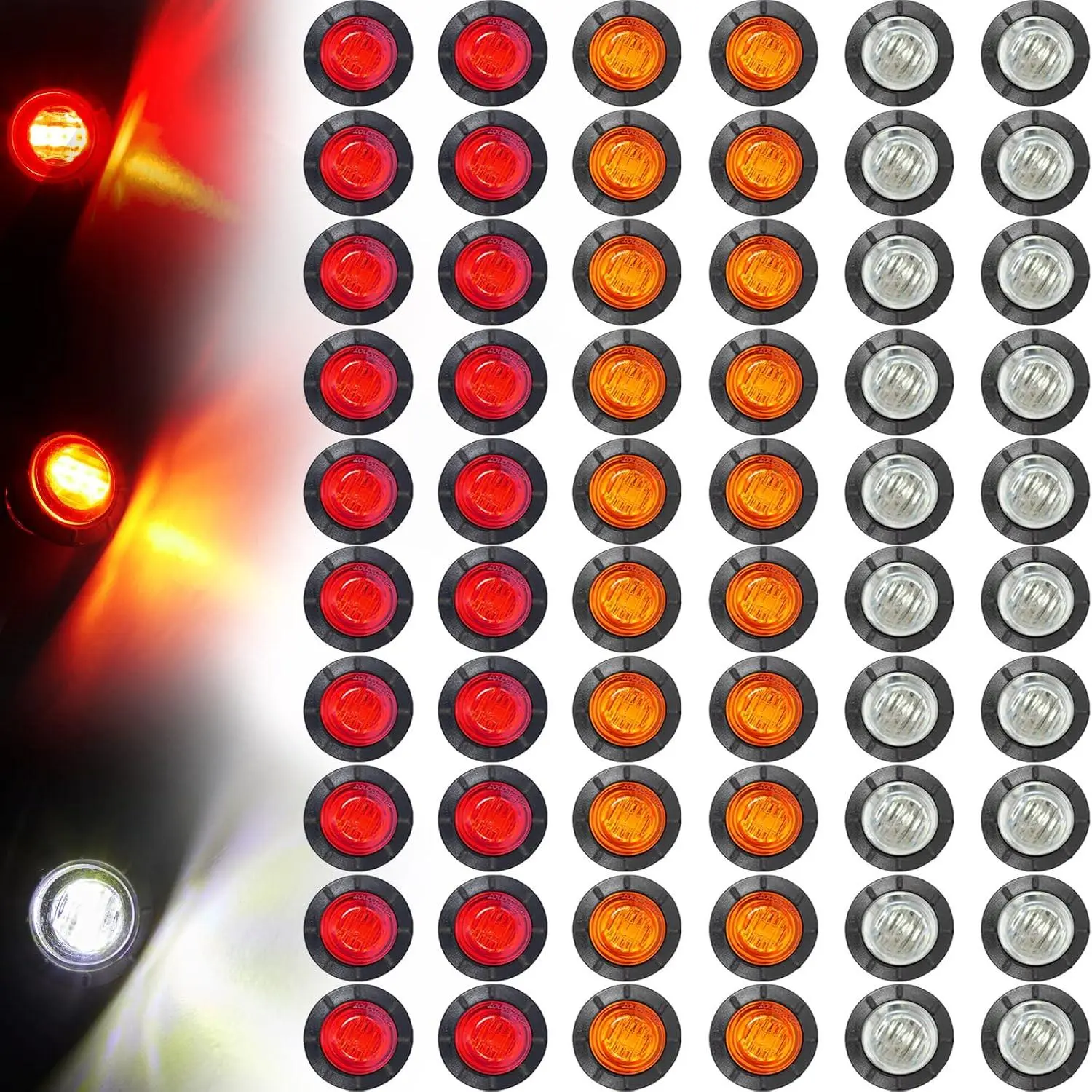 60 Pack  Lights Bulk 3/4 Inch LED Marker Side Button  Chicken Lights Front Rear Turn Signal Round Lamp  for , Boat, RV, Van, Pickup, ATV 12V DC,  Red White