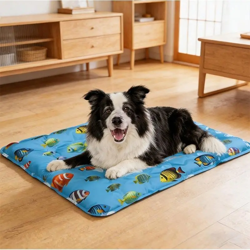 Summer Pet Dog Cooling Mat - Cat Dog Cushion Pad Sleeping Cool Snowflake Comfortable Soft for Pets and Adults hick & Durable Cooling Mat (Blue Small fish)