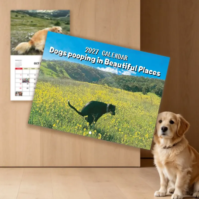 1-Piece 2027 Funny Dogs Pooping Calendar Humorous Gag Style 12 Months + Dogs Pooping in Beautiful Places Illustrations + Date Marking for Dog Lovers / Gag Gifts / Office Funny Decor