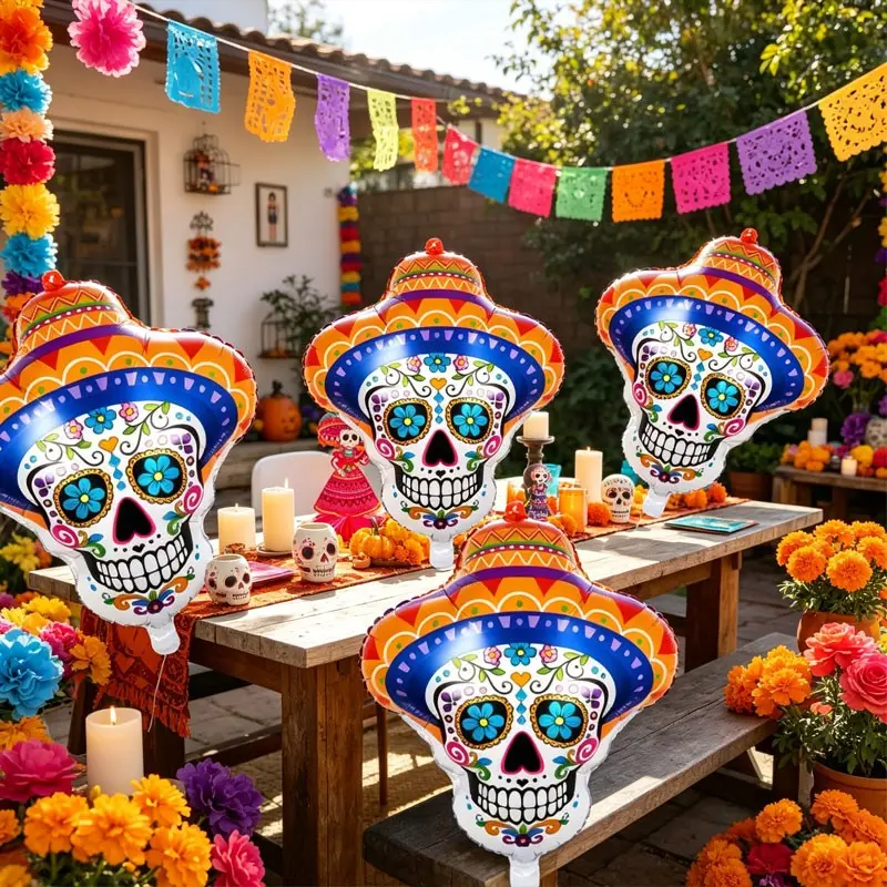 A set of Day of the Dead-themed painted skull aluminum foil balloons, Metal Texture Skull Balloons with Mexican Hat,For Day of the Dead altar decorations, Mexican family ancestral altars, Mexican folk party supplies，Also suitable for Halloween decorations