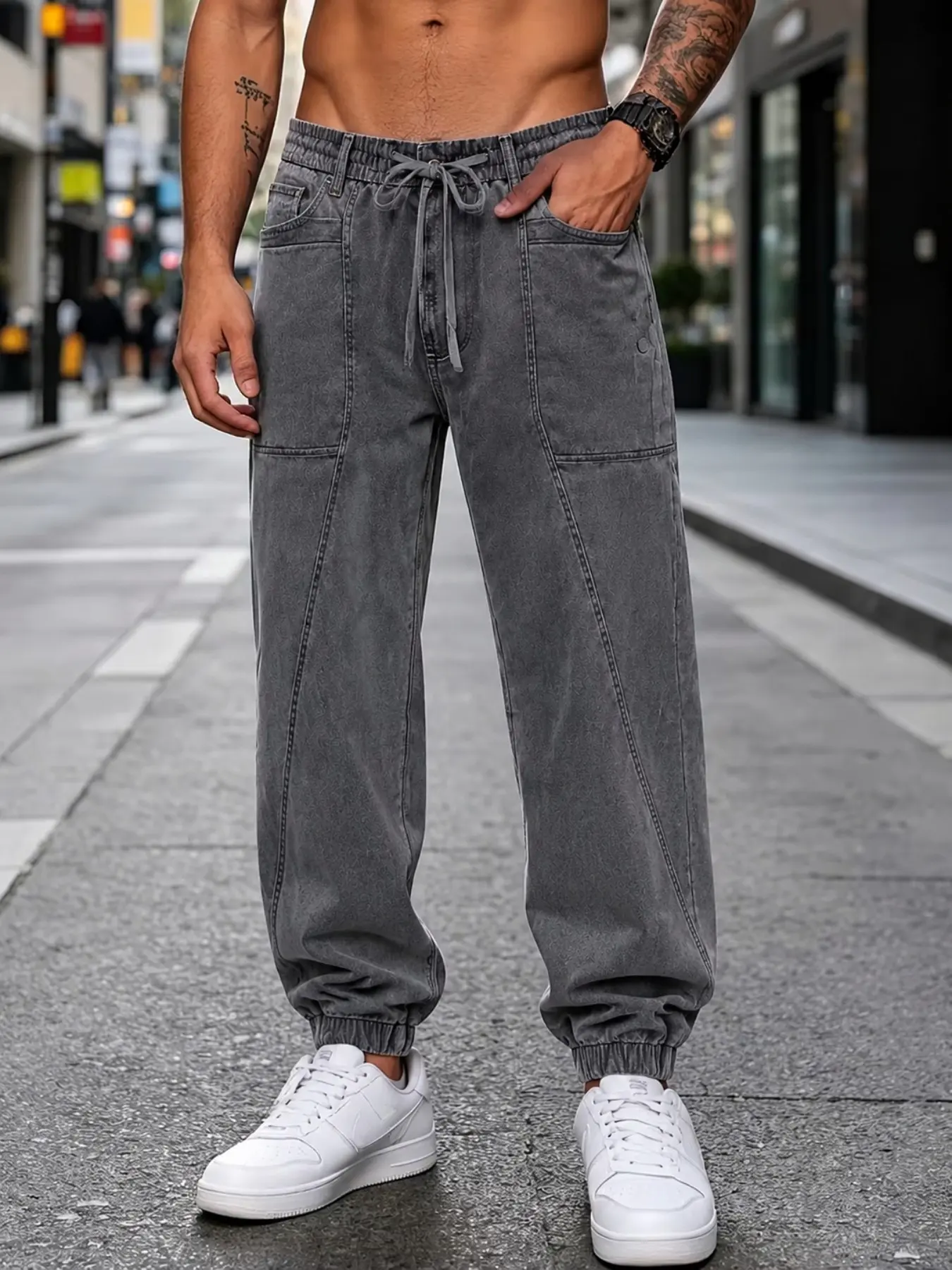Men’s Charcoal Gray Washed Denim Jogger Pants with Drawstring Waist, Utility Pockets and Elastic Cuffs, Relaxed Fit Casual Jeans