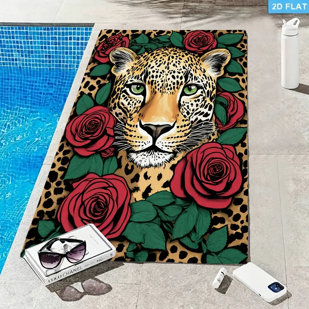 1pc Beach Towel, Vintage Leopard and Red Rose Pattern Design, Ideal Romantic Gift for Animal Lovers and Family, a Passionate Present to Bring Elegant and Wild Vibes to Your Beach Outings, Perfect for Adding a Charming and Artistic Touch to Your Beach