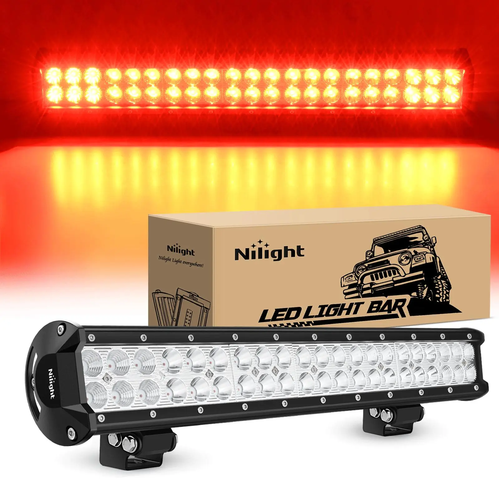 Nilight 20-Inch 126W Spot-Flood Combo Red Beam LED Light Bar with Aluminum Cover & Mount Kit, Off-Road Lamp for Fishing Night, Trucks, UTVs, Pickups, Vans, Boats, Tractors