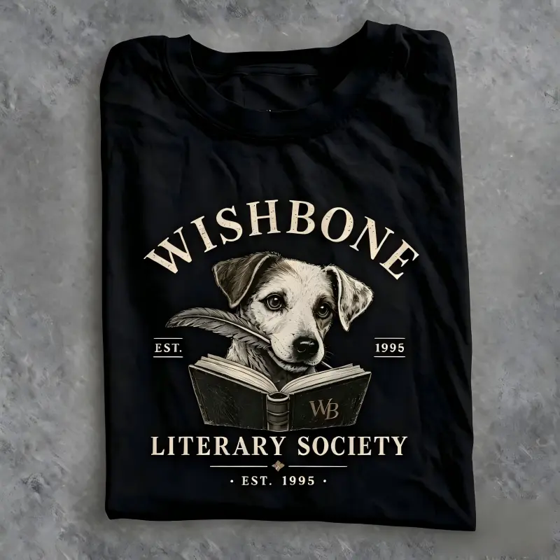 Vintage Wishbone Dog Tshirt, Retro Funny Graphic Tee for Women, Literary Society Digital Print Gift for Book Lovers, Printed, Top, Round Neck, Unisex Cut, Short Sleeve, Affordable Fashion, Vintage Logo, Lady, Casual, Vintage T Shirts