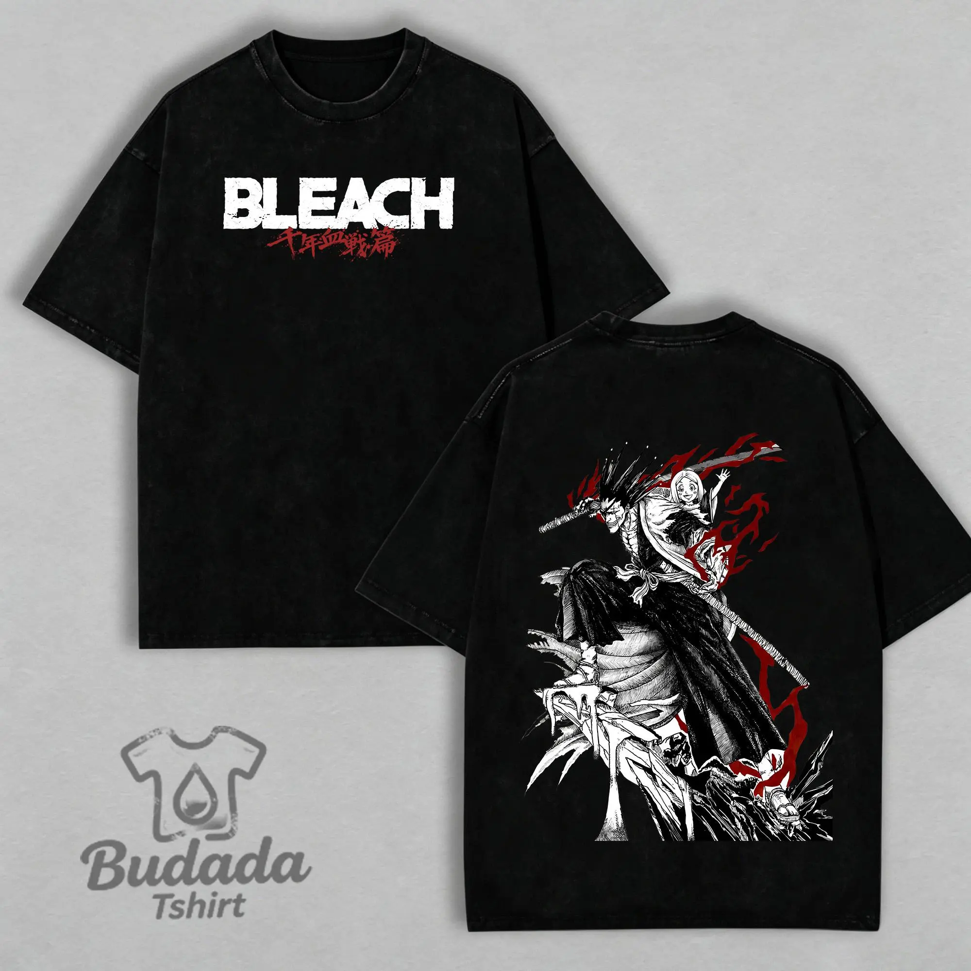Men's Cotton Short-Sleeve Round Neck Soft T-Shirt - Bleach 1000 Year Blood War Zaraki Kenpachi Double-Sided Vintage Japanese Anime Graphic Top, Menswear Casual Father's Day Gift, Streetwear, Tshirt, Shortsleeve, Graphic Print, Valentines Day, Graphic Tees