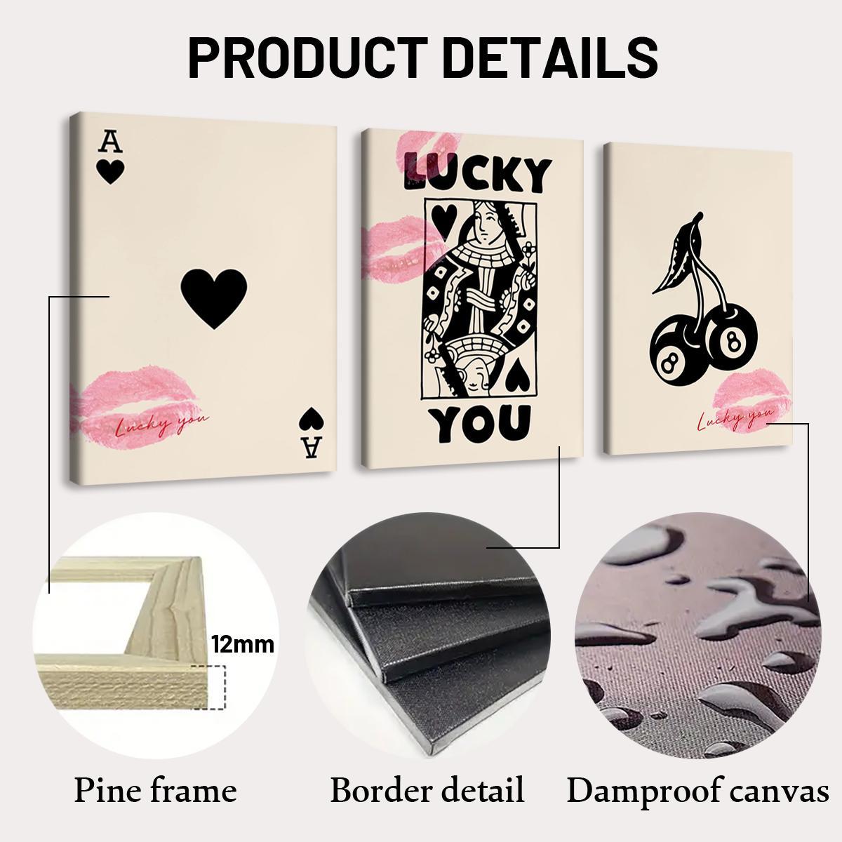 Wooden Framed Canvas Painting, 3 Counts/set Lucky Card Pattern Wall Art, Fashion Art Wall Decor, Modern Art Design, Home Decoration Poster for Living Room, Bedroom