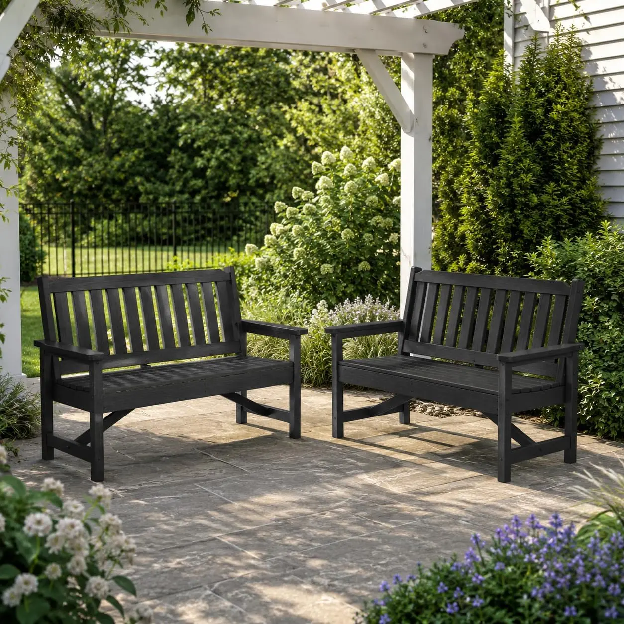 Set of 2 HDPE Outdoor Benches – Weather-Resistant 2-Person Slatted Garden Bench – Ideal for Patio, Lawn, Porch, Poolside – Versatile Outdoor Seating