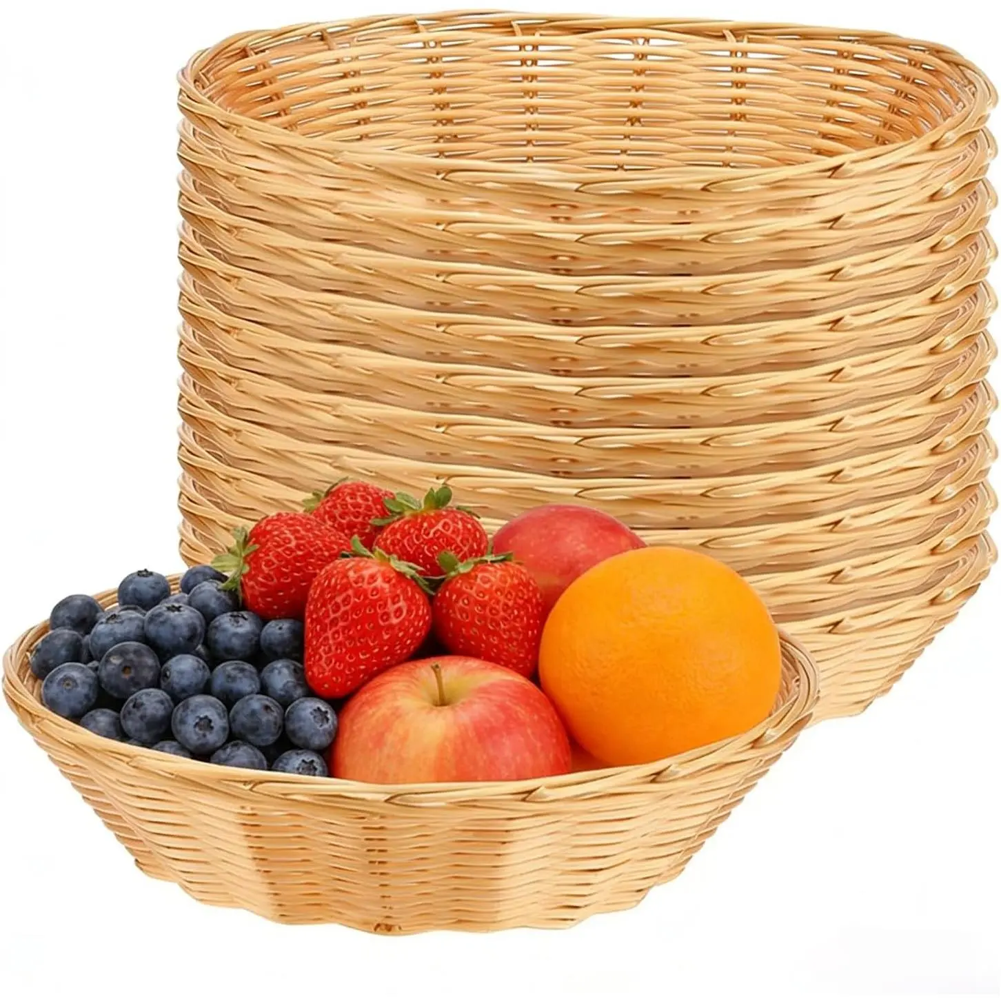 15 Pack 9 Inch Yellow Plastic Oval Bread Baskets, Wicker Style Food Storage Serving Basket for Vegetables and Fruit