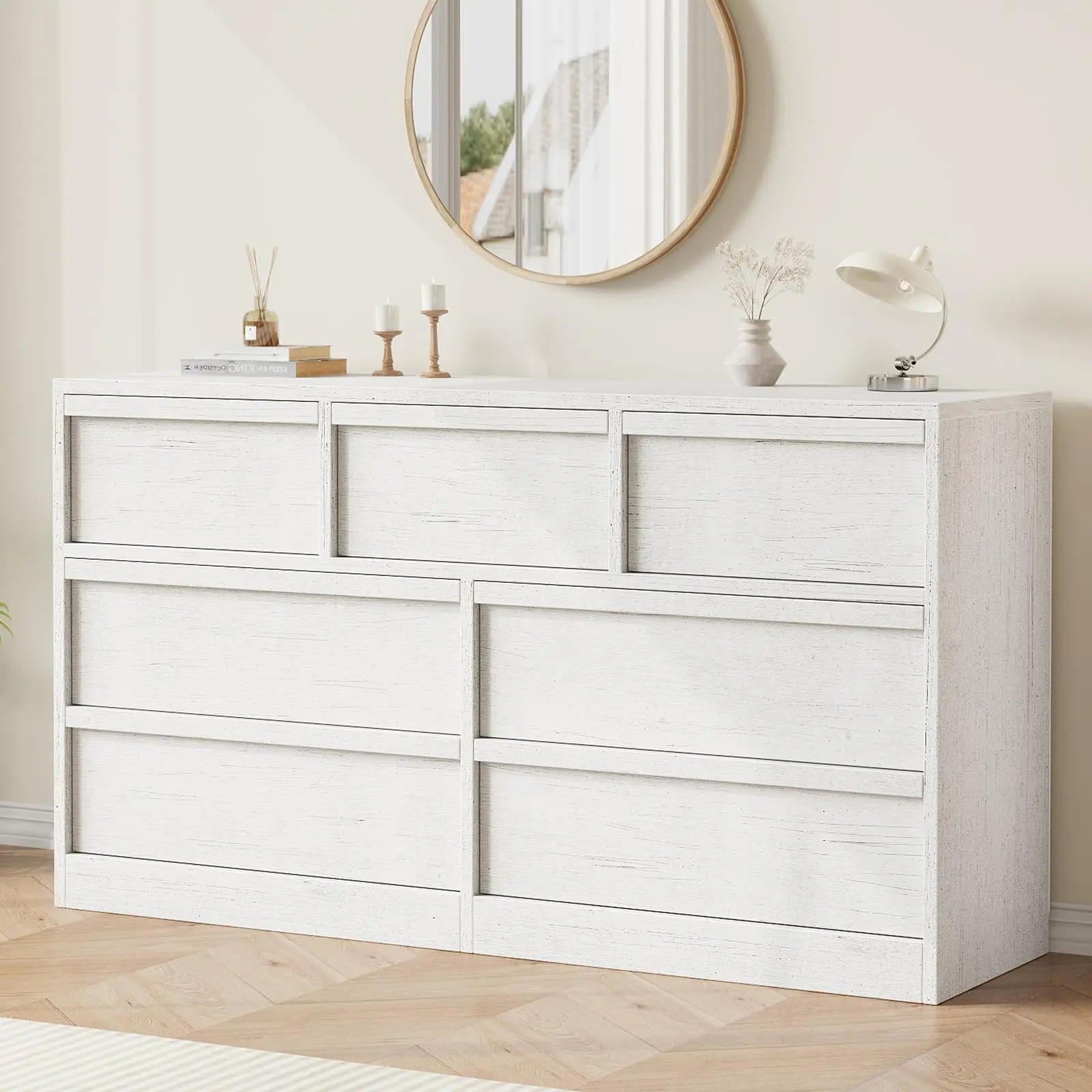 Garvee 7 Drawer TV Stand, 54-inch Wide Antique White Console Table with Large Storage, Wooden Cabinet Organizer for Living Room, Bedroom, Nursery, and Entryway