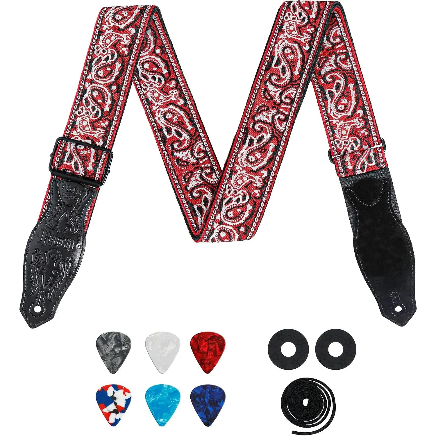 Retro Style Fully Adjustable Guitar Strap (38-62 inches) - Woven Jacquard with Leather Ends, Picks, Locks, Evenly Distributes Weight, Compatible with Electric, Acoustic, Bass Guitars, 2-Inch Wide Strap