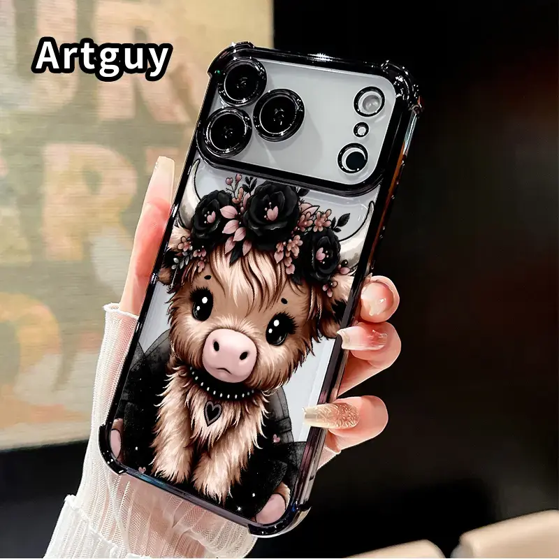 Phone Case for iPhone 17 16 Pro Max 15 Plus 14 13 12 11 E Air Floral Highland Calf Four Corners Air Cushion Pattern Anti-drop Cell Electroplated Transparent Silicone Cover