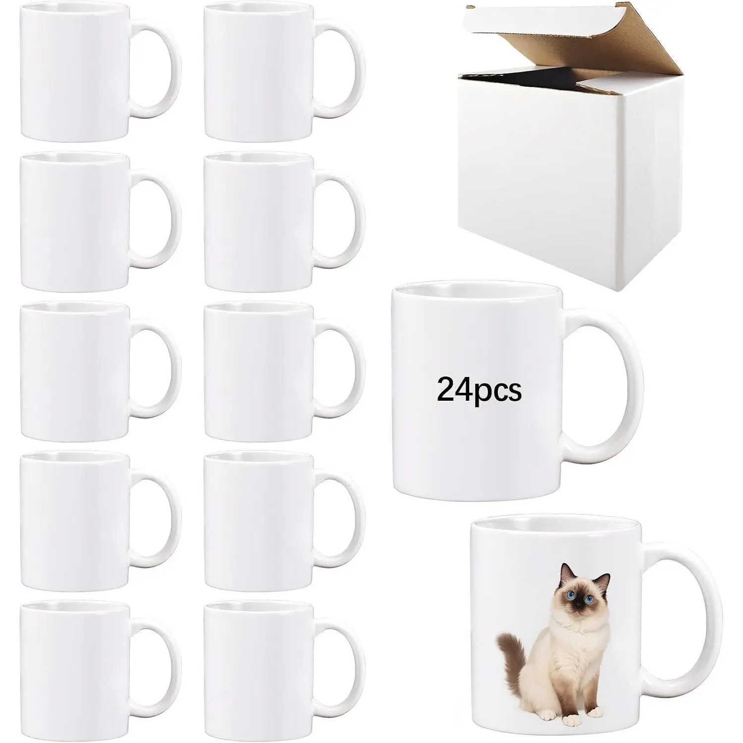 24 Pack 11 oz sublimation mugs with boxes round handle tazas para 11oz ounce coffee cups for sublimation mug blanks bulk products (White, 11OZ)