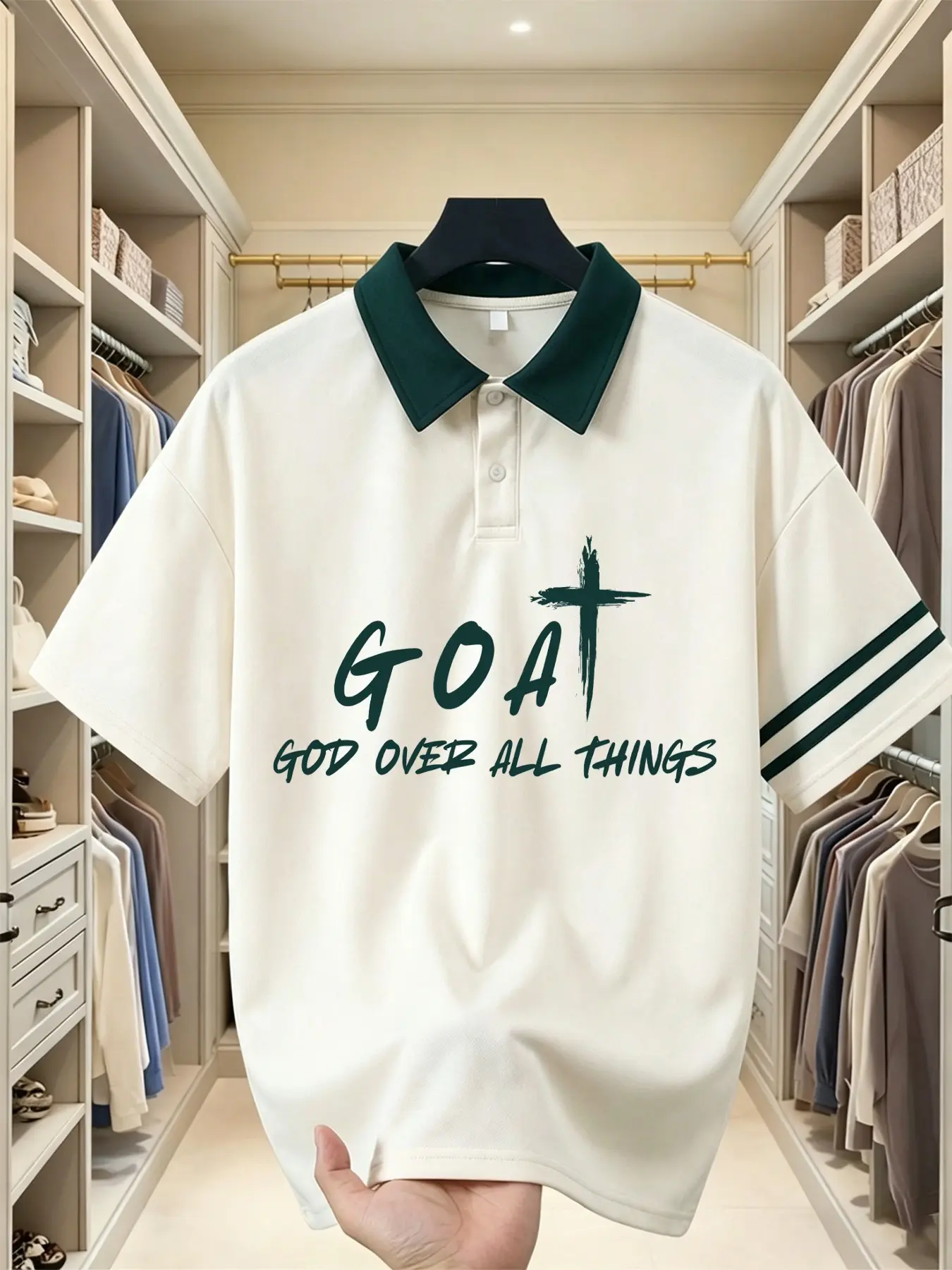 Fgfs Cross Graphic Polo Shirt, Oversized Short Sleeve, Contrast Collar, 6 Colors, All Seasons, Casual Streetwear, Church