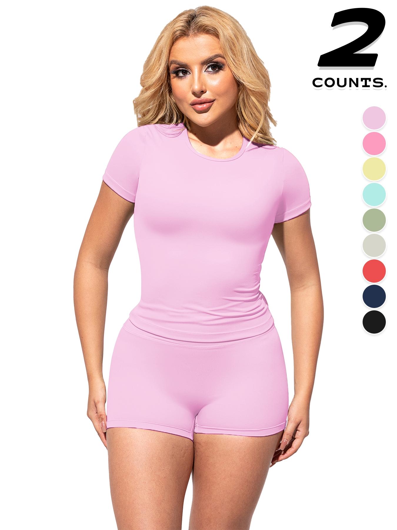 2PCSWomen's Solid Color Short Sleeve Tee & Shorts Set, Breathable Workout Running Clothes Gym Yoga Running, Comfortable Sportswear for Women