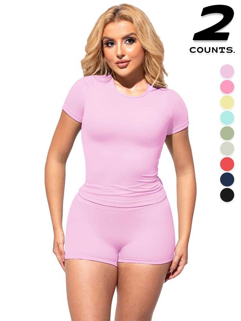 2PCSWomen's Solid Color Short Sleeve Tee & Shorts Set, Breathable Gym Yoga Running, Training Clothes, Comfortable Sportswear for Women