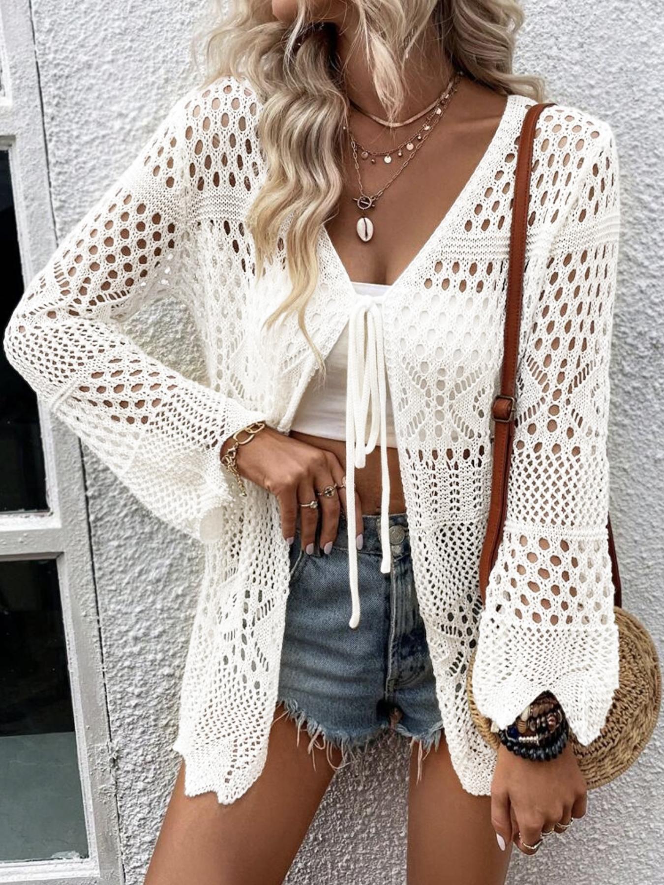 Women's Solid Color Hollow Out Tie Front Crochet Cardigan, Casual Long Sleeve Knitwear for Summer, Fashion Women's Knit Clothing for Daily Wear, Knitting
