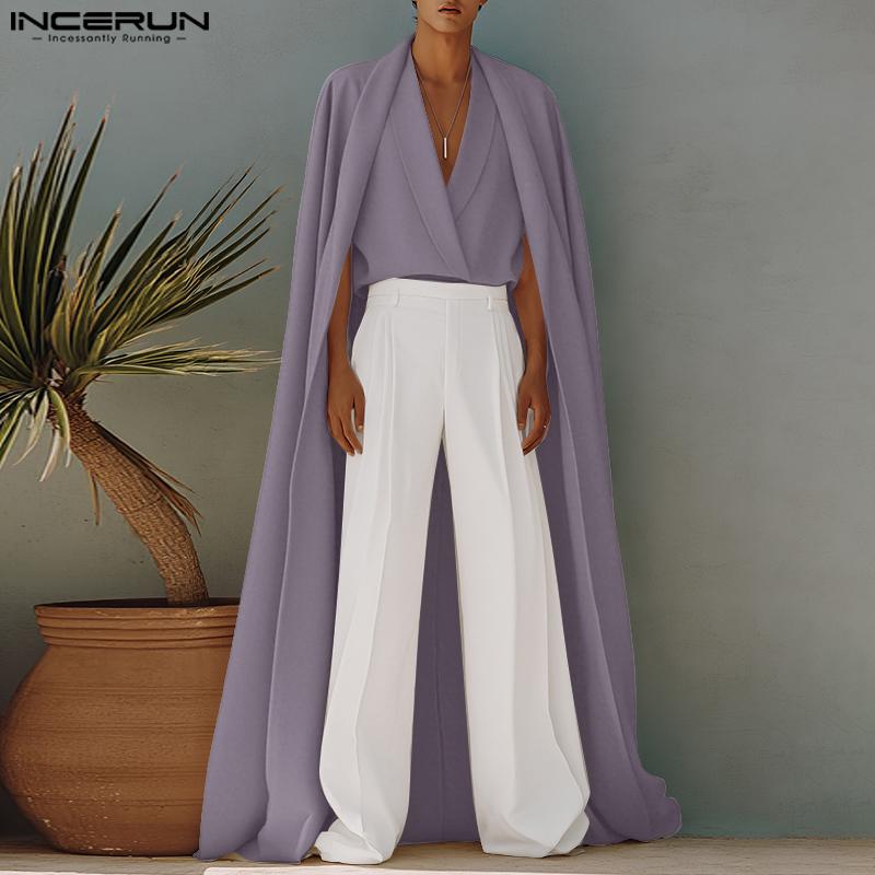 INCERUN Men's Avant-garde Cross Collar Solid Color Cape False Two-piece Long Shirt