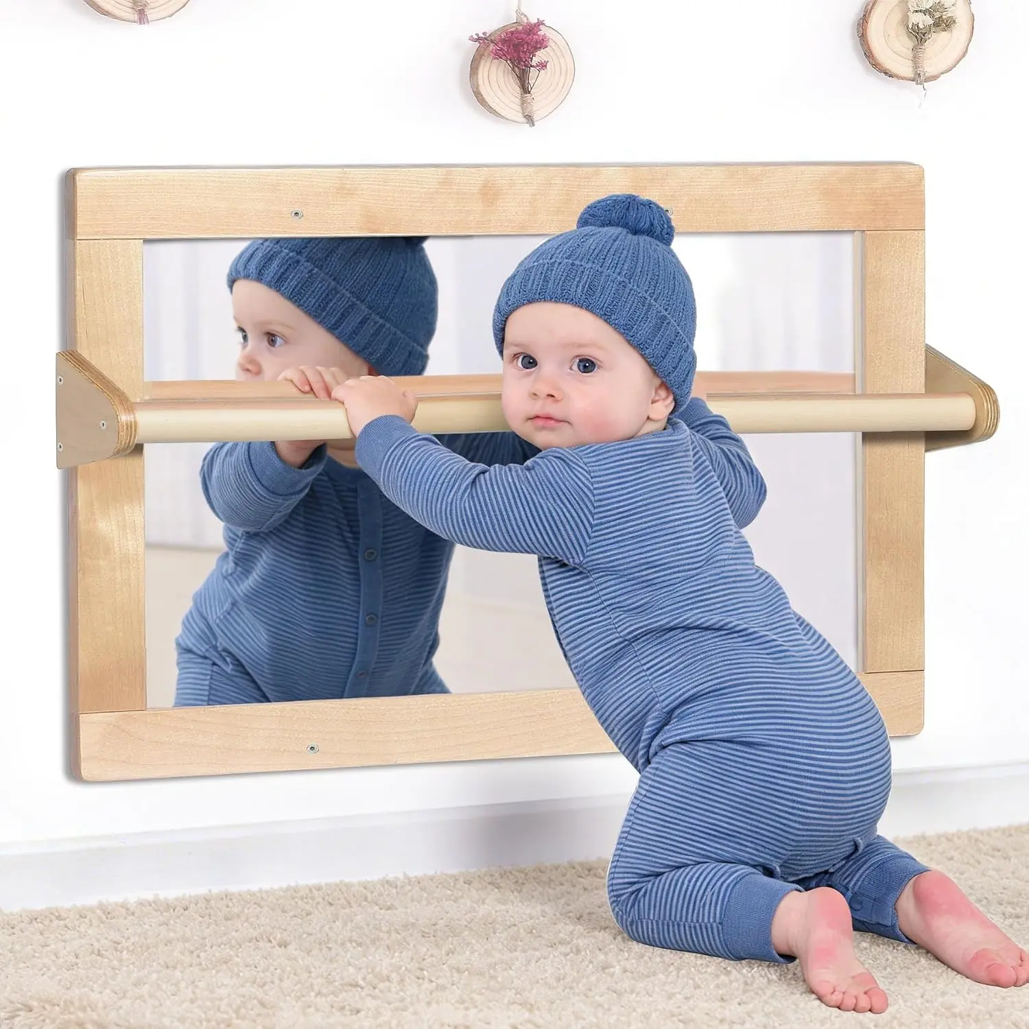 Baby Montessori Wooden Frame Non-Shatter Safety Mirror w/ 2 Pull Up Bars, Infant Coordination Small Mirror for 6-18 Months (Natural)