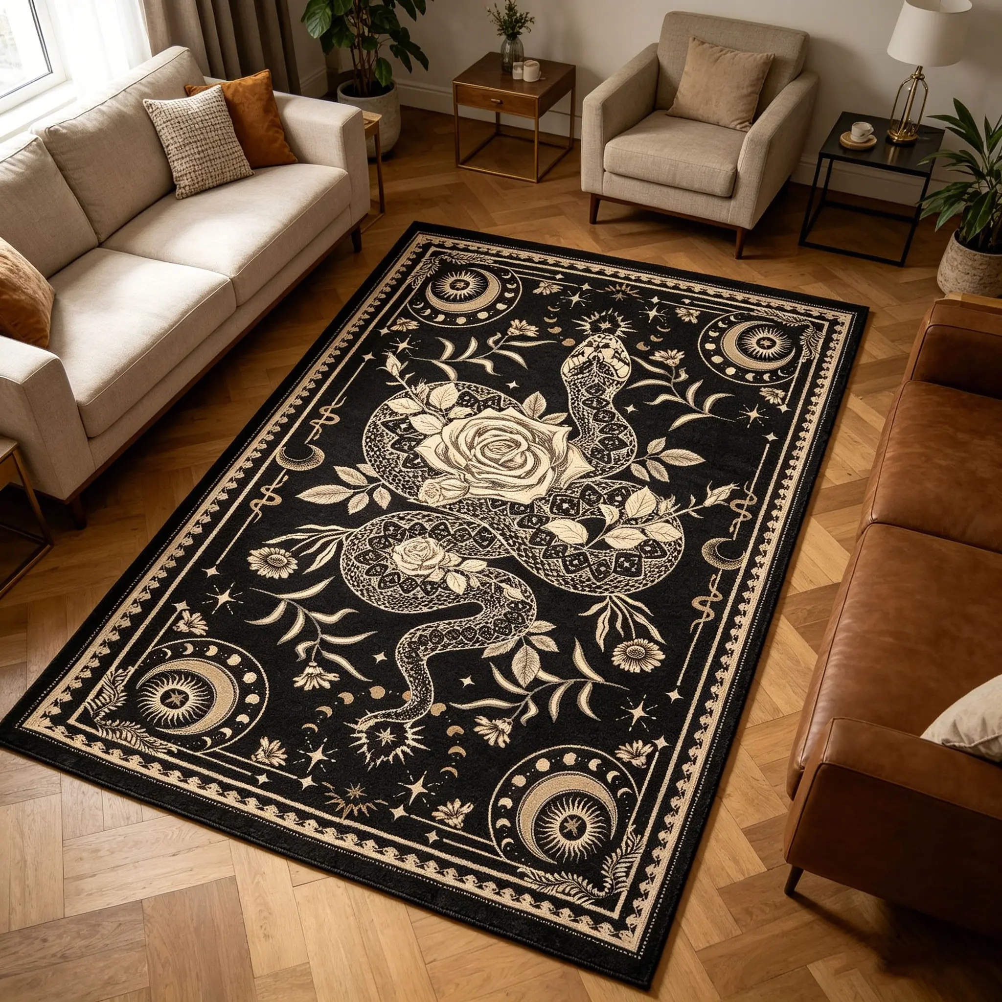 Vintage Snake Floral Print Rug, Large Area Living Room Bedroom Carpet, Washable Foldable Non-Slip, Home Decor for Entryway Bathroom Sofa Bedside Hotel