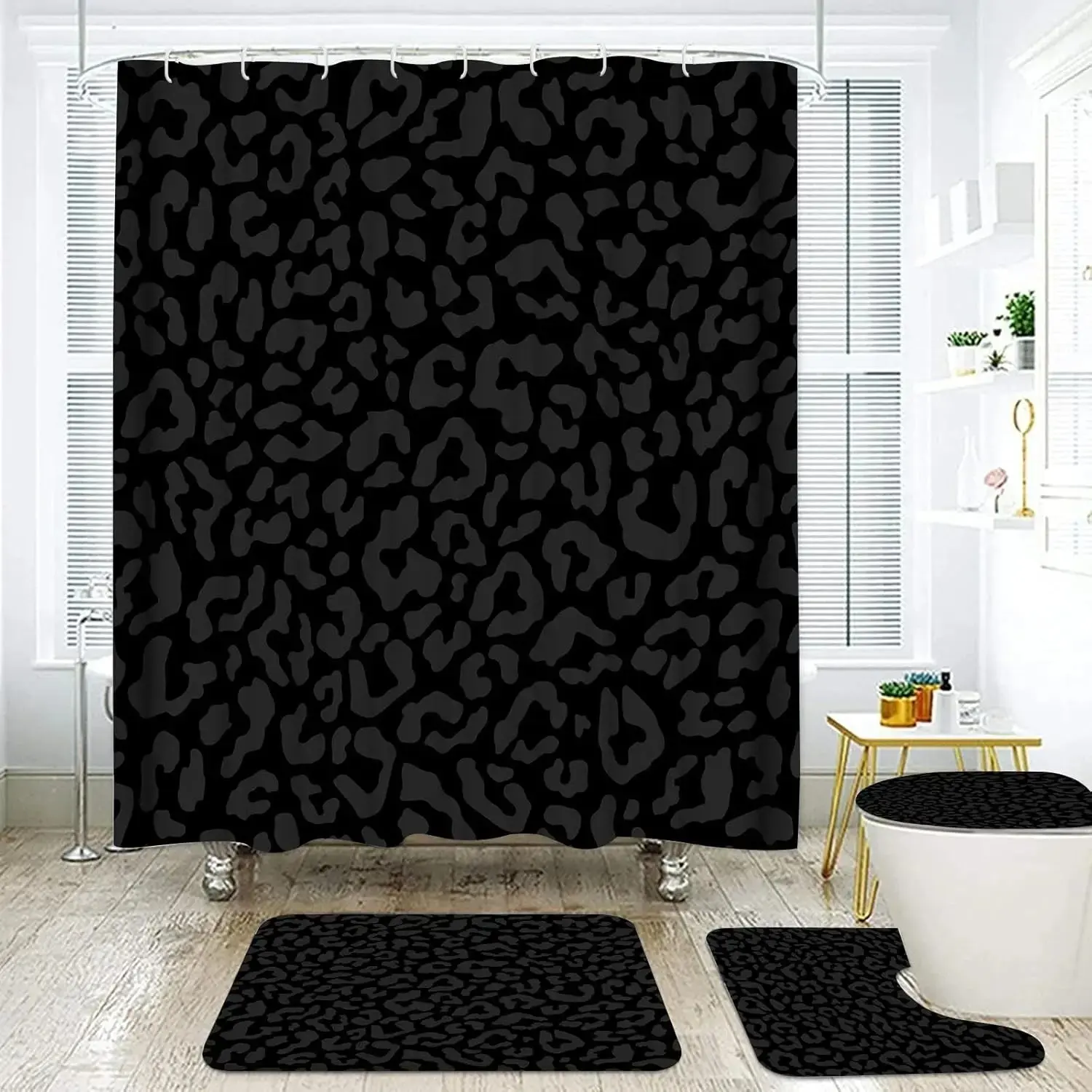 4 Pcs Cheetah Shower Curtain,Black Leopard Animal Print Bathroom Sets,Cheetah Bathroom Decor Set with Shower Curtain and Rugs,Bathroom Sets Complete,Set de baño,with 12 Pcs Hook