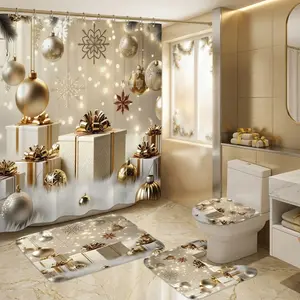 4pcs Gold Christmas Gift Box Shower Curtain Set, Luxury Holiday Bathroom Decor, Elegant Snowflake Ornaments, Sparkling Festive Gift Wrap Print, TikTok Shop Trend, Bathroom Makeover Decor