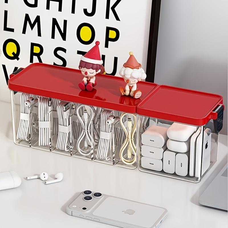 New Data Cable Storage Box, Desktop Charger Mobile Phone Power Cord Organizer, Multi-Compartment with Lid Dustproof Cable Organizer