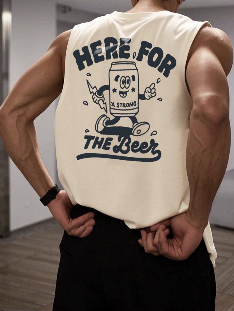 Men's Cartoon Soda Can & Letter Print Round Neck Tank Top, Regular Fit Casual Sleeveless Crew Neck Top for Summer, Fashion Men's Clothes for Daily Wear, Sleeveless Shirt