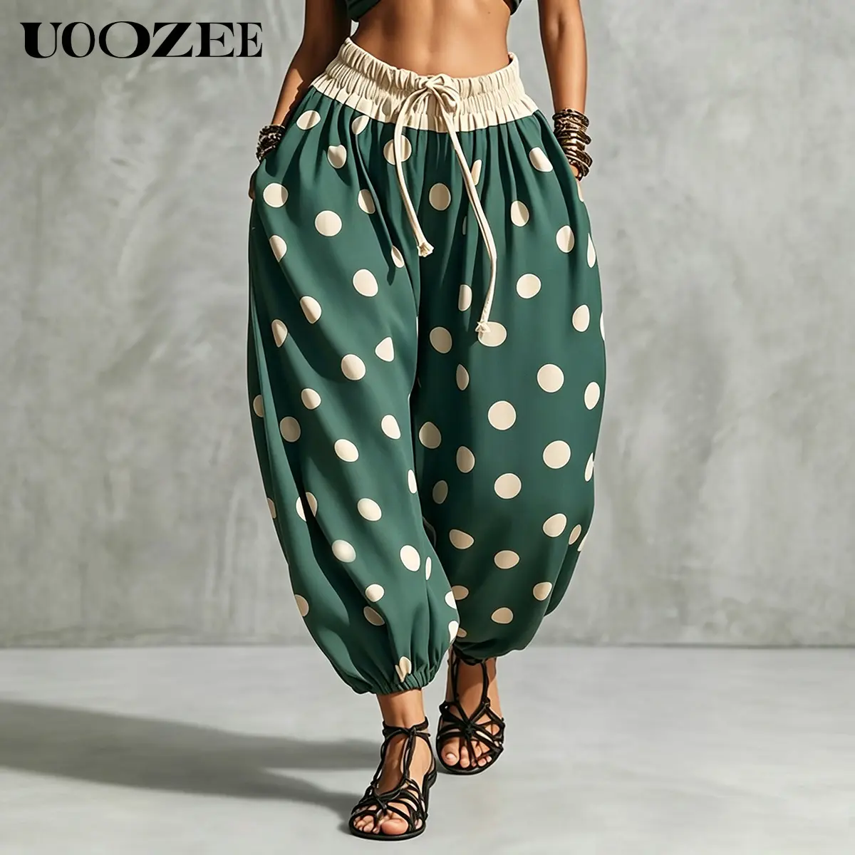 UOOZEE Women's Polka Dot Harem Joggers, High-Waist Baggy Polyester Trousers with Drawstring and Pockets for Beach Vacation, Spaghetti, Chic, Tops, Balloon, Festival, Strap, Crop Tops, Outdoor, Oversized, Matching, Bottom, Breathable, Casual, Harem Pants,