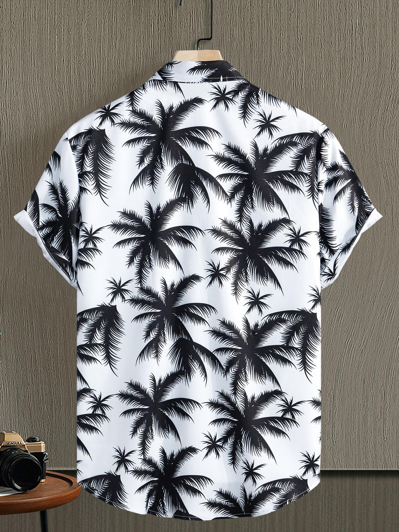 Men's All Over Tropical Palm Tree Print Button Front Shirt, Regular Fit Casual Printed Short Sleeve Collared Top for Summer, Men's Clothes for Beach Vacation