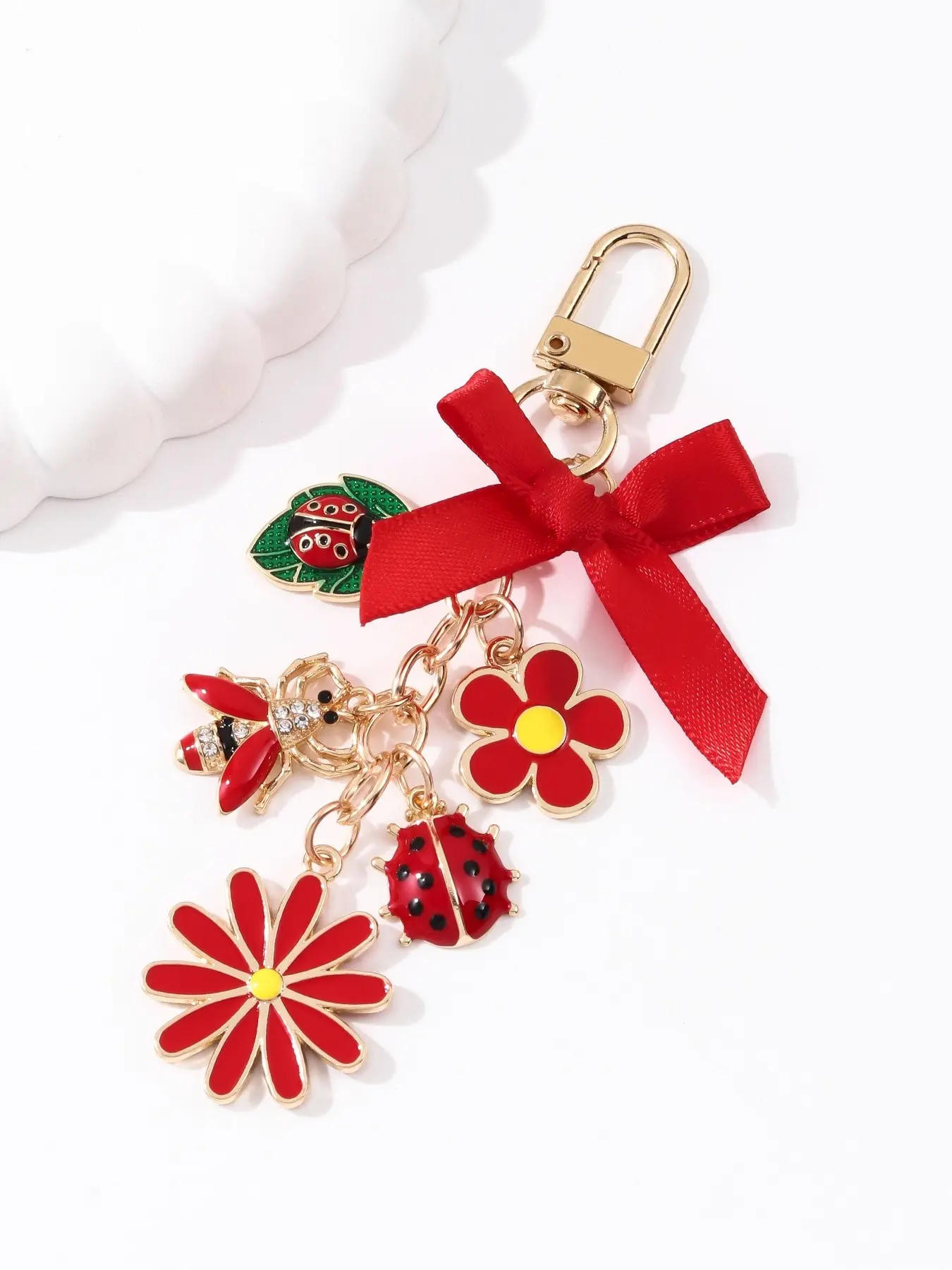 Multicolor Floral Ladybug Bow Keychain, Handmade DIY Sweet Style, Bag Car Accessory, Perfect Gift for Family Friends