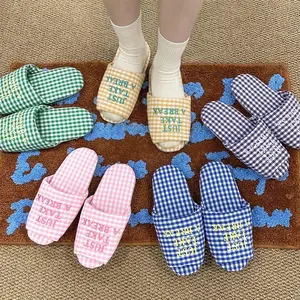 New Plaid Colorful Cotton Linen Slippers Summer Home Guest Silent Floor Shoes Daily Use Bedroom Couple Soft Sole Cloth Slippers