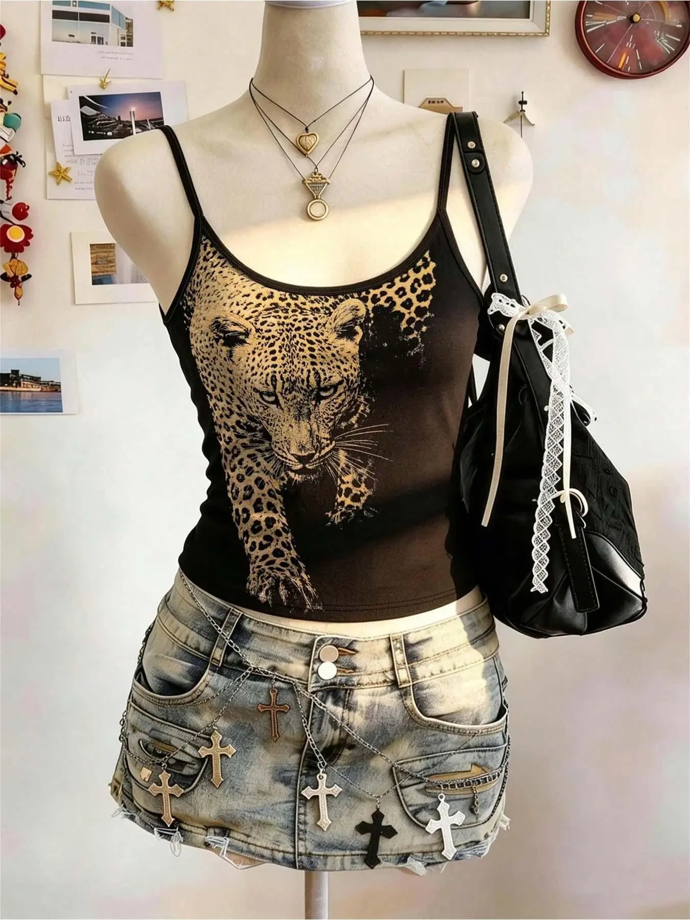 Y2K Retro Leopard Print Fitted Strapless Tank Top, Elastic Ribbed Fabric Short Low Neck Innerwear, Vintage Animal Print Sleeveless Vest
