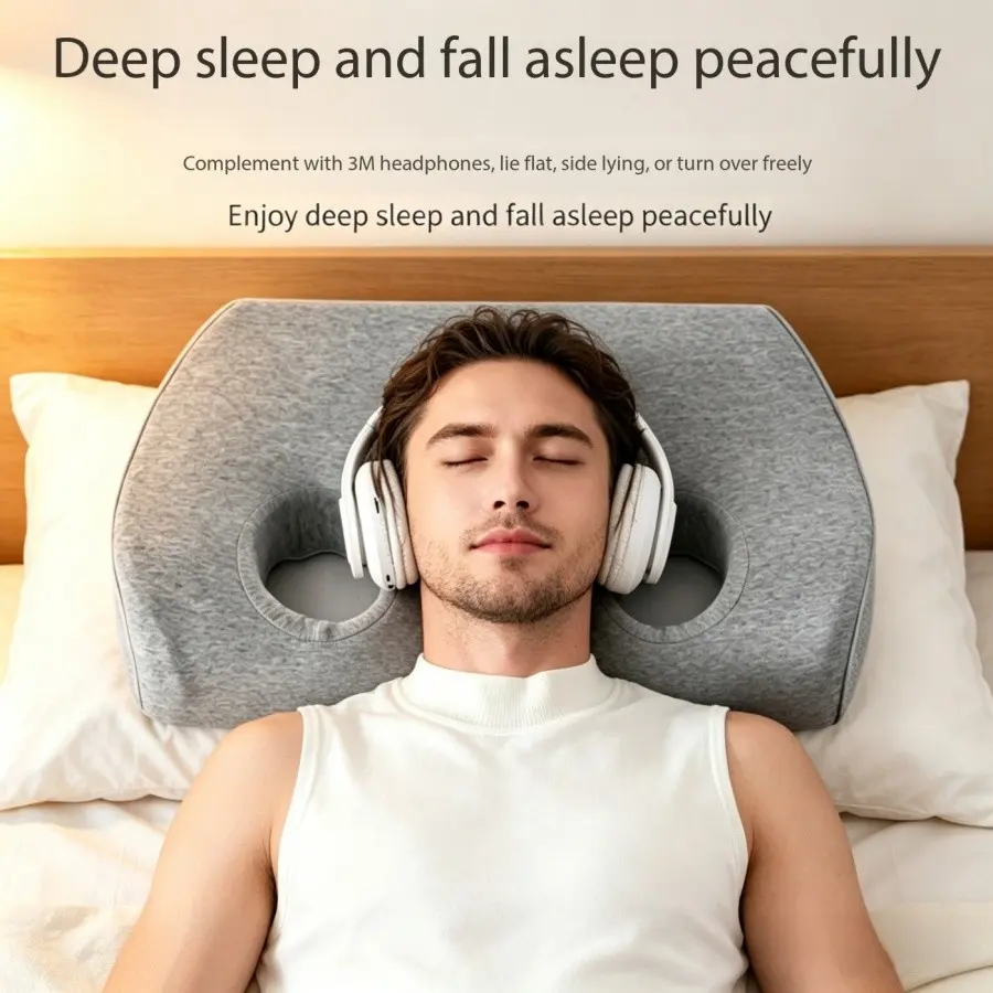 Ergonomic Side Sleeping Pillow with Ear Holes, Memory Foam Sleep Pillow for 3m Noise-Canceling Headphones, Relieves Ear Pressure, Sleep Cushion