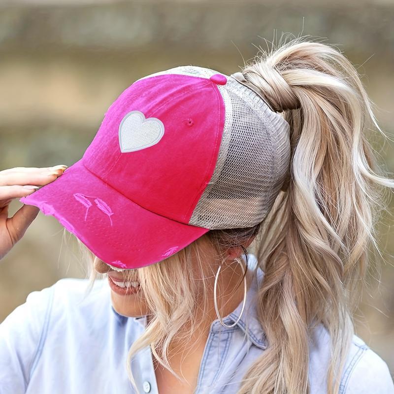2026 New Arrival Women’s Ponytail Baseball Cap – Distressed Heart Embroidery Breathable Mesh Brim Hat, TikTokShopBlackFriday Christmas